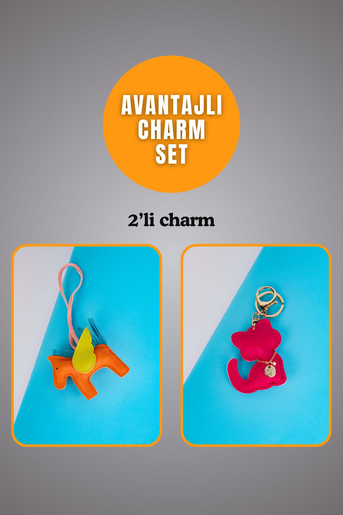 minebag Hayvan At Figürü Turuncu Ve Hayvan Kedi Figürü Fuşya Charm Set