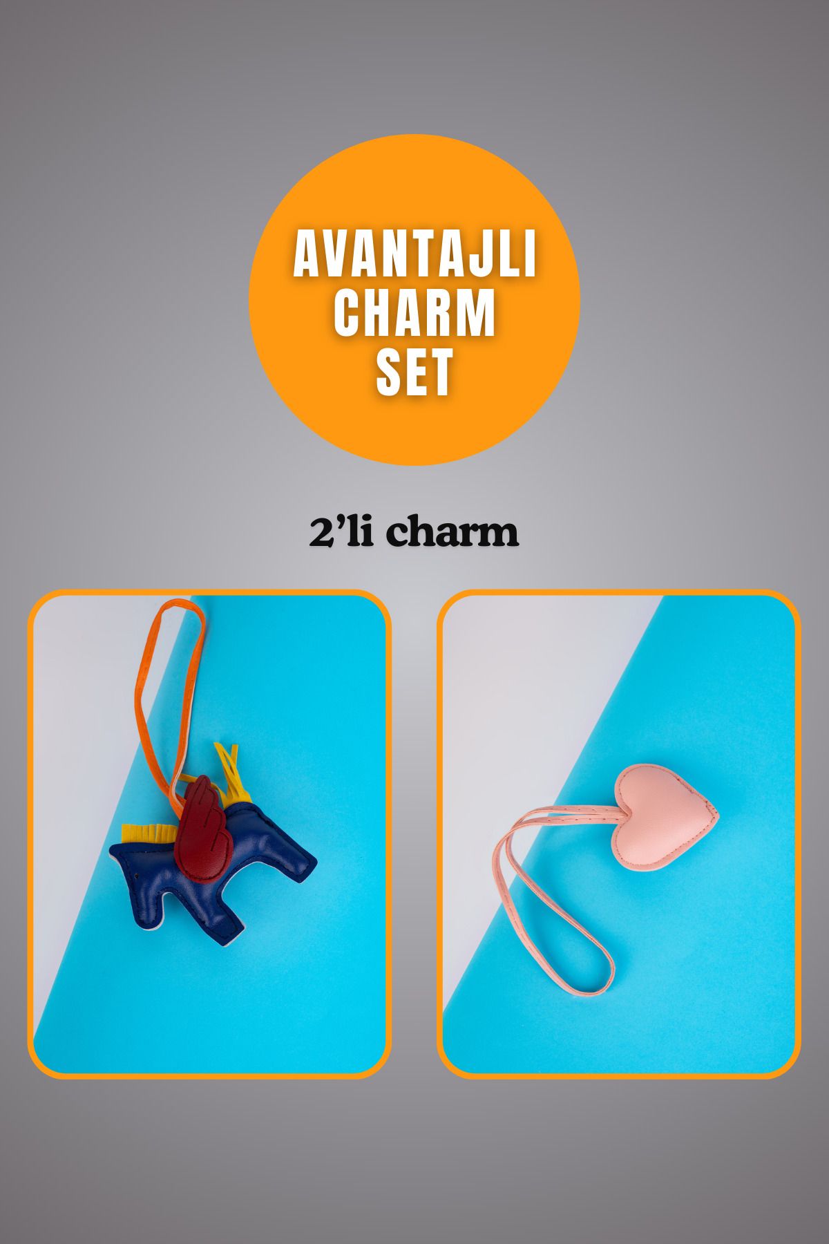 minebag Hayvan At Figürü Lacivert Ve Sevimli Kalp Toz Pembe Charm Set