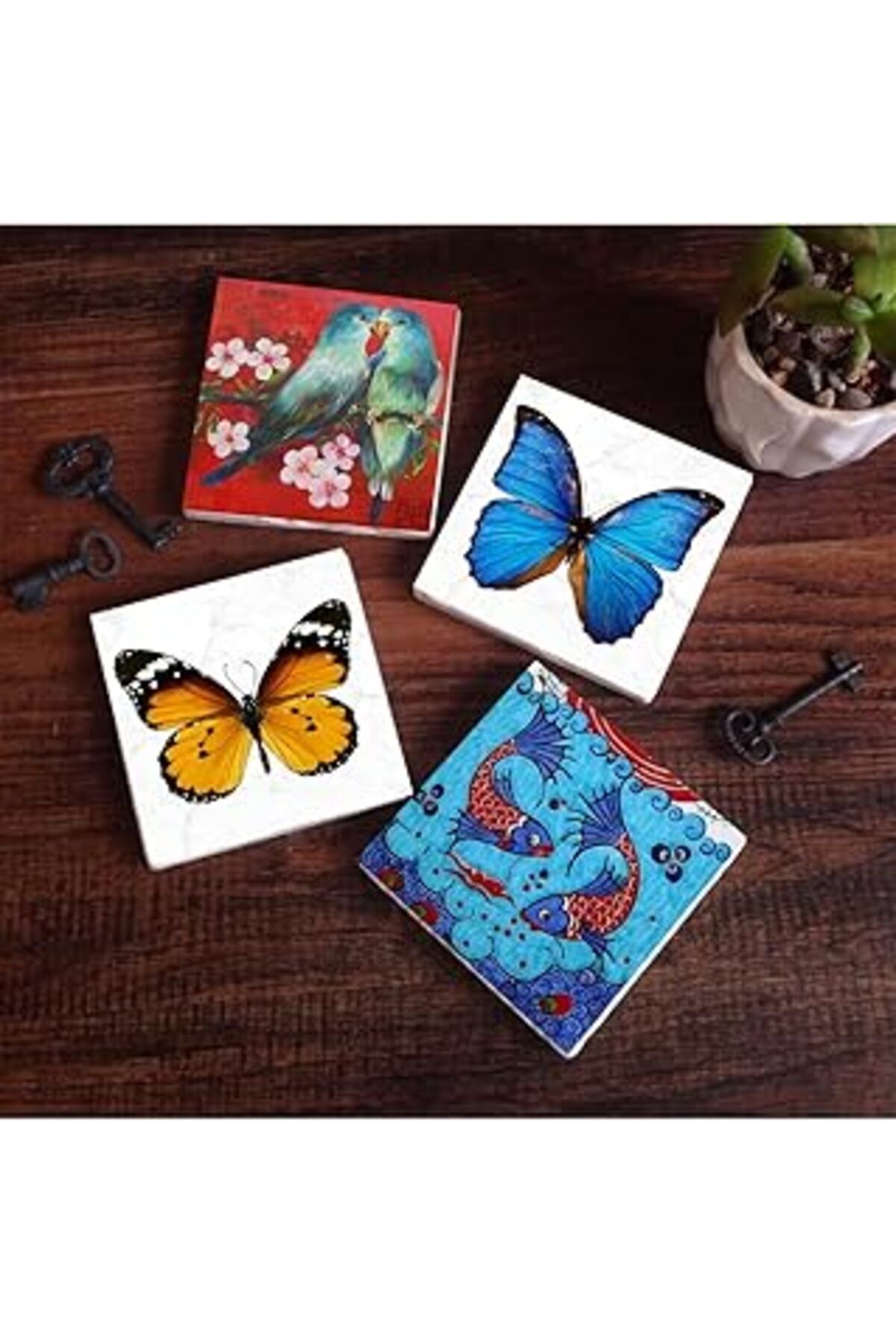 Mu Art Pinecone Kelebek, Kuş, Çini Sanatı Balık Taş Bardak Altlığı Seti - 4 Parça - Dekoratif, Rustik Mutf