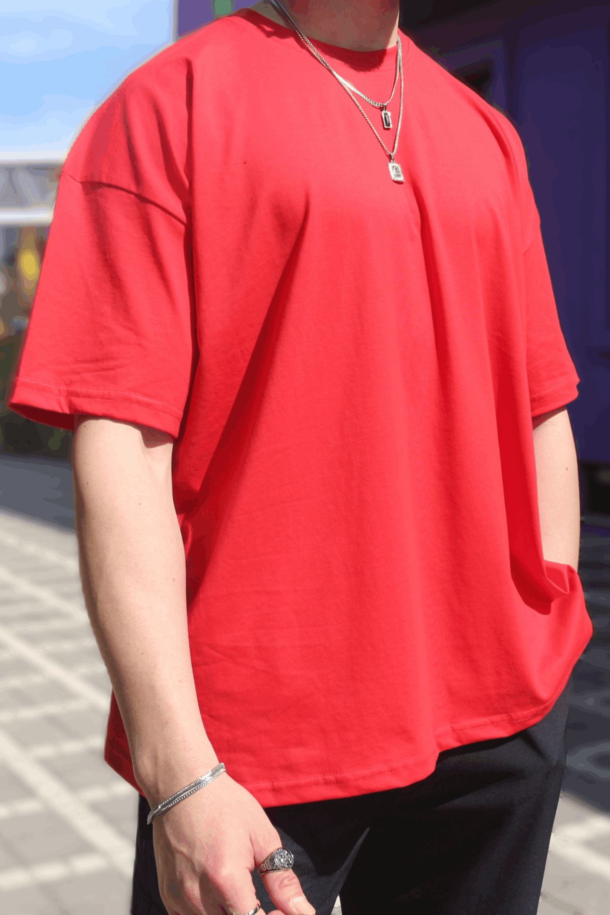 EydaMoon-Tricou roșu oversize pentru bărbați, 100% bumbac, cu decolteu triplu 5