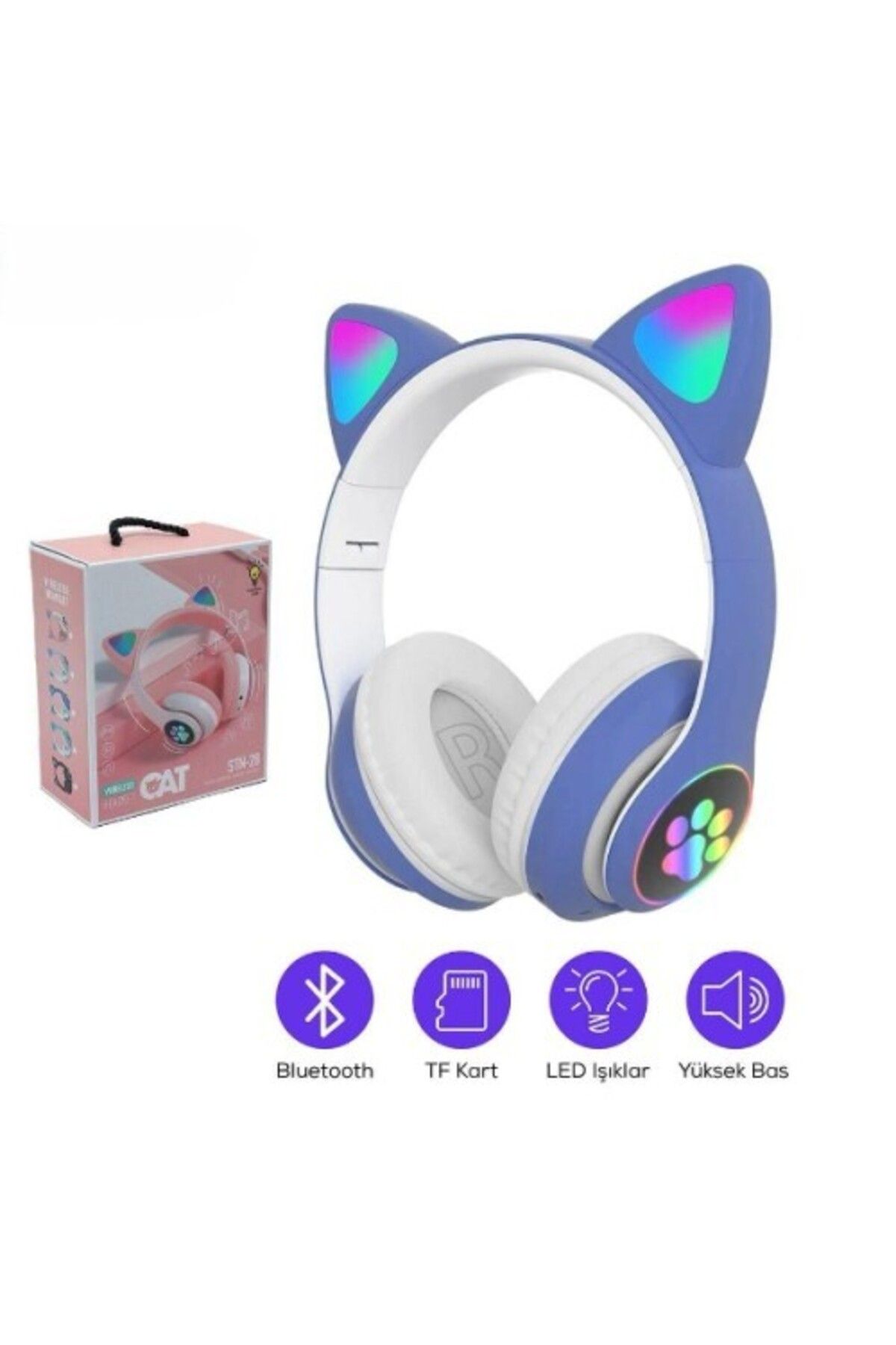 İlke Kedi Figürlü Bluetooth Kulaklık Mavi Renkli