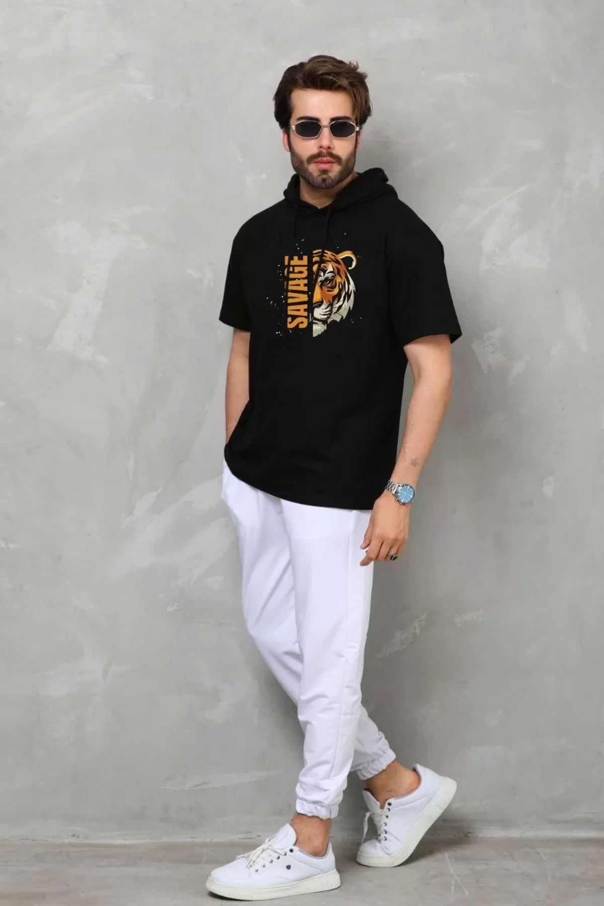 CVS Unisex Kapşonlu Kısa Kol Oversize Baskılı T-Shirt - Siyah