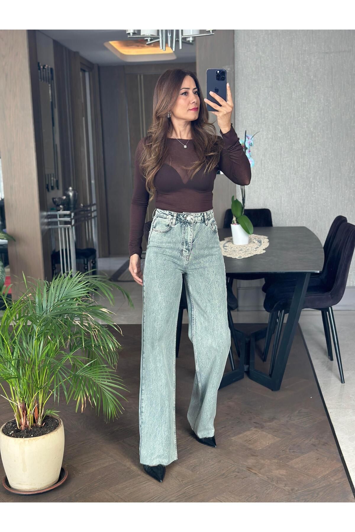Forlady Butik Yeşil Yıkamalı Kesik Paça Wide Leg Kadın Jean Pantolon