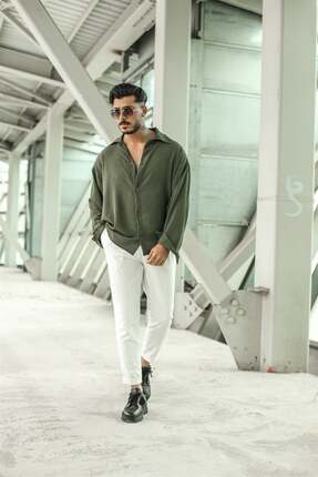 OUTFİT MAN Erkek Dokulu Oversize Gömlek Koyu Yeşil