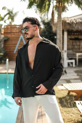 OUTFİT MAN Erkek Special Dokulu Oversize Gömlek Siyah