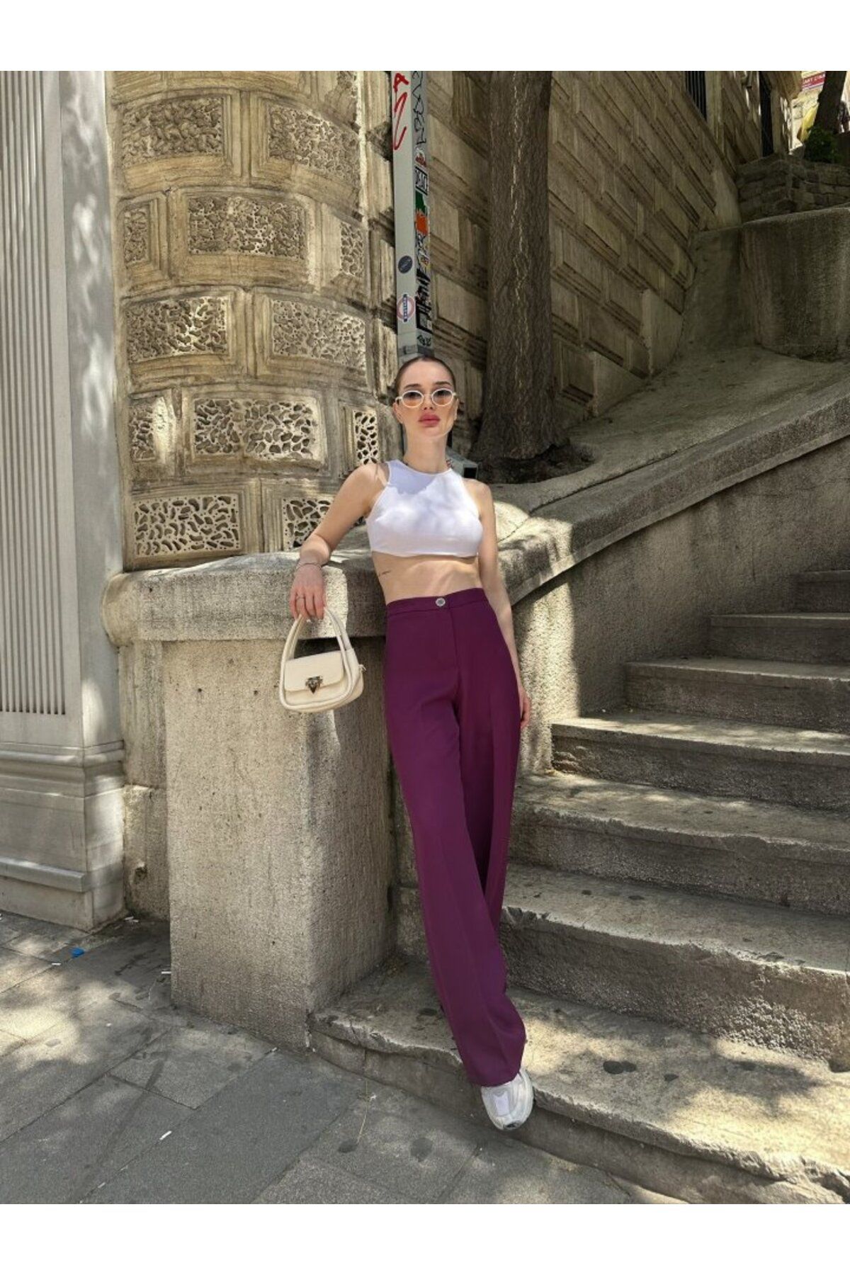 trend henna Yüksek Bel Palazzo Metal Düğme  Pantolon