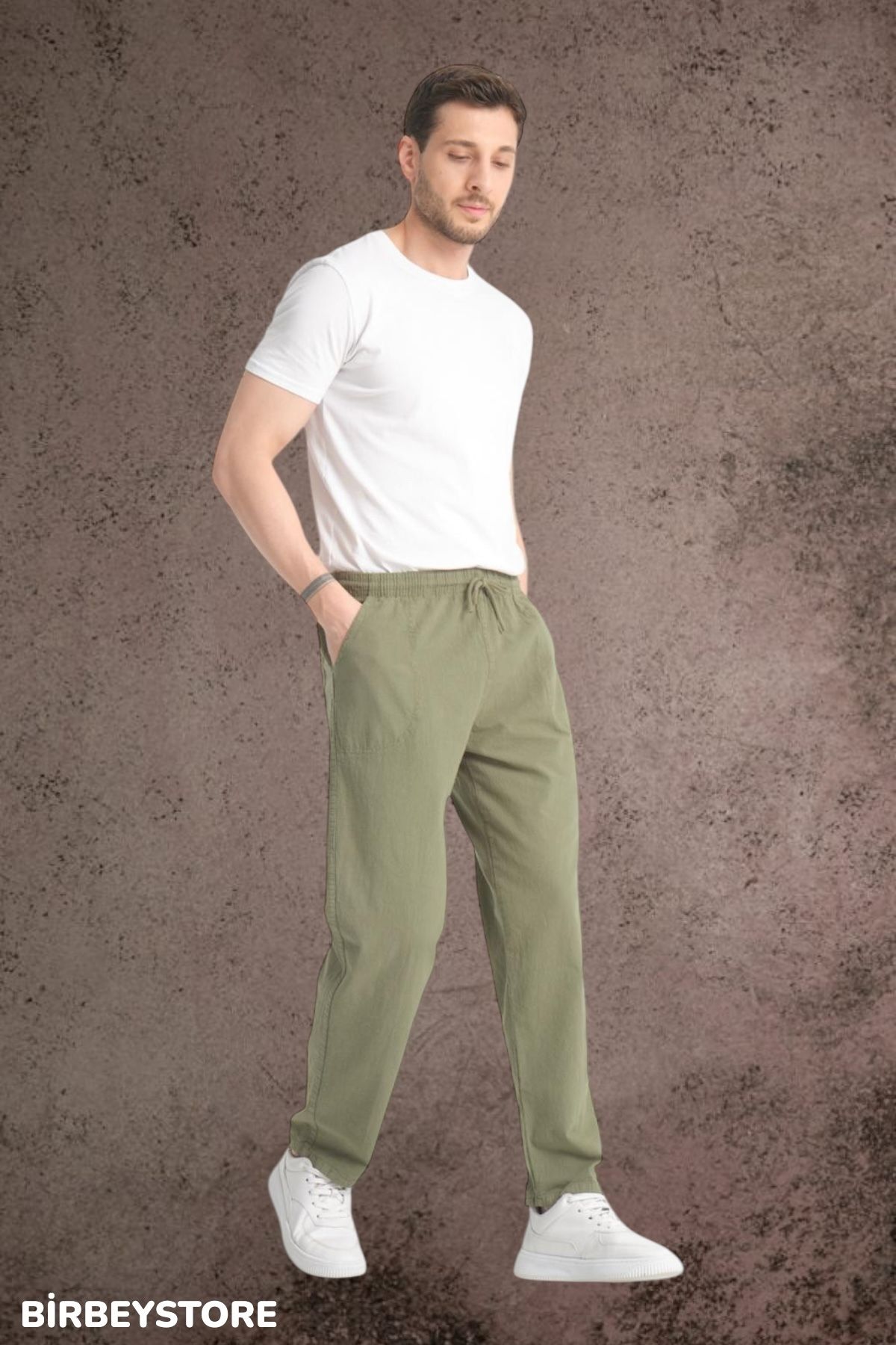 BİRBEYSTORE-Summer Linen Trousers Raw Cloth Sweatpants Elastic Waist Unisex Comfortable Fit 4