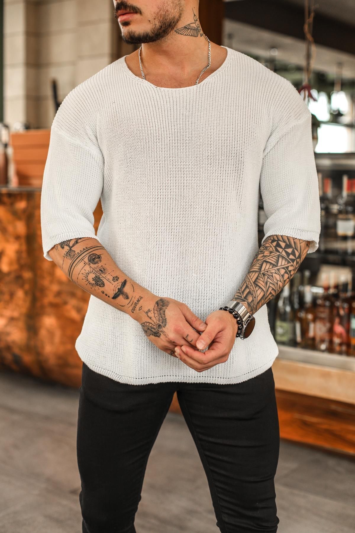 OUTFİT MAN-Men's Oversize Braided Fakir Sleeve T-shirt White 3
