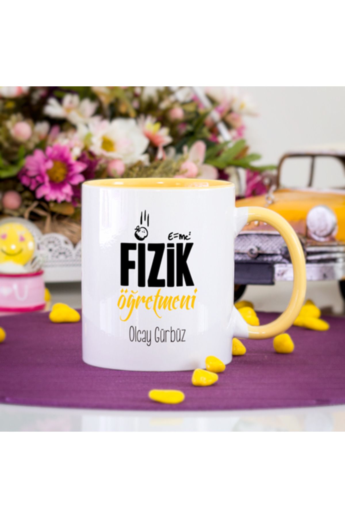 feifei Kişiye Özel Sarı Renkli Fizik Öğretmeni Kupa Bardak