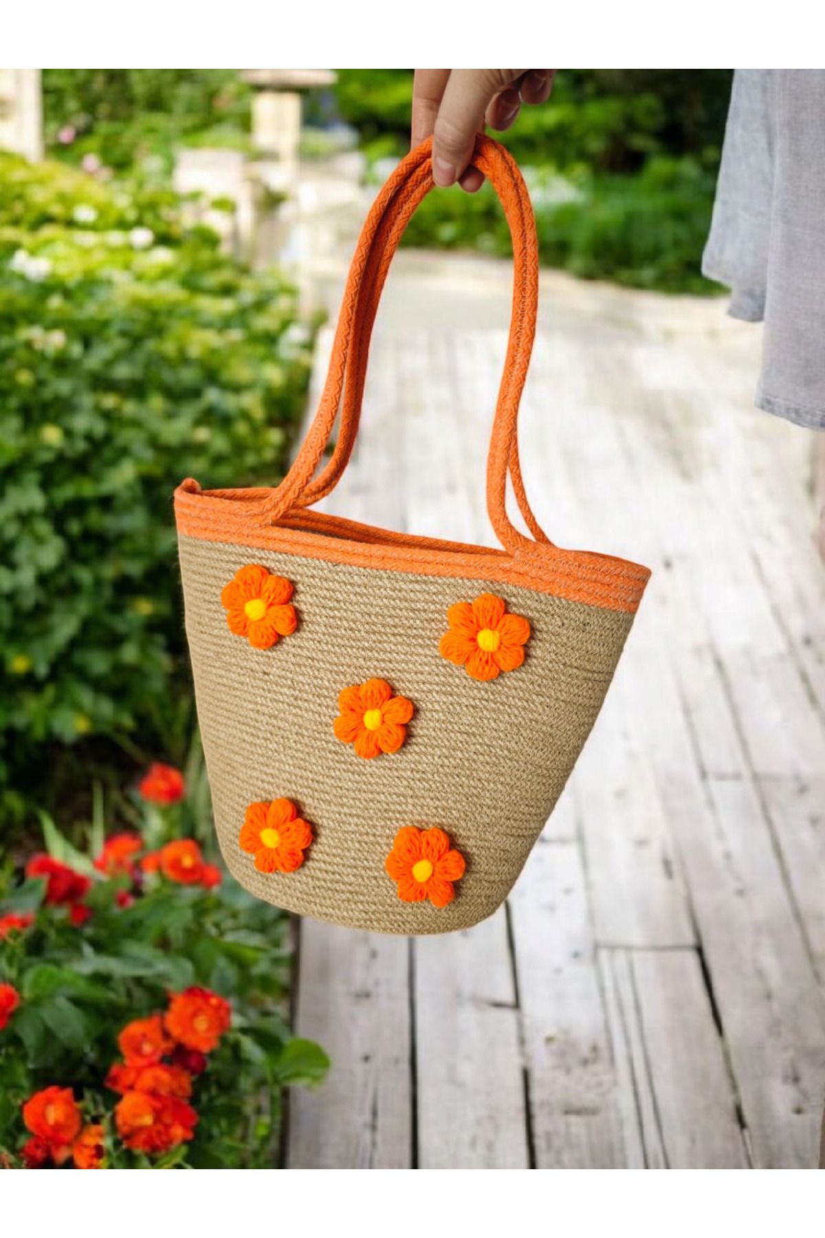 Collessia Home-Handmade Special Design Daisy Flower Motif Jute Straw Bag Rope Bag 2