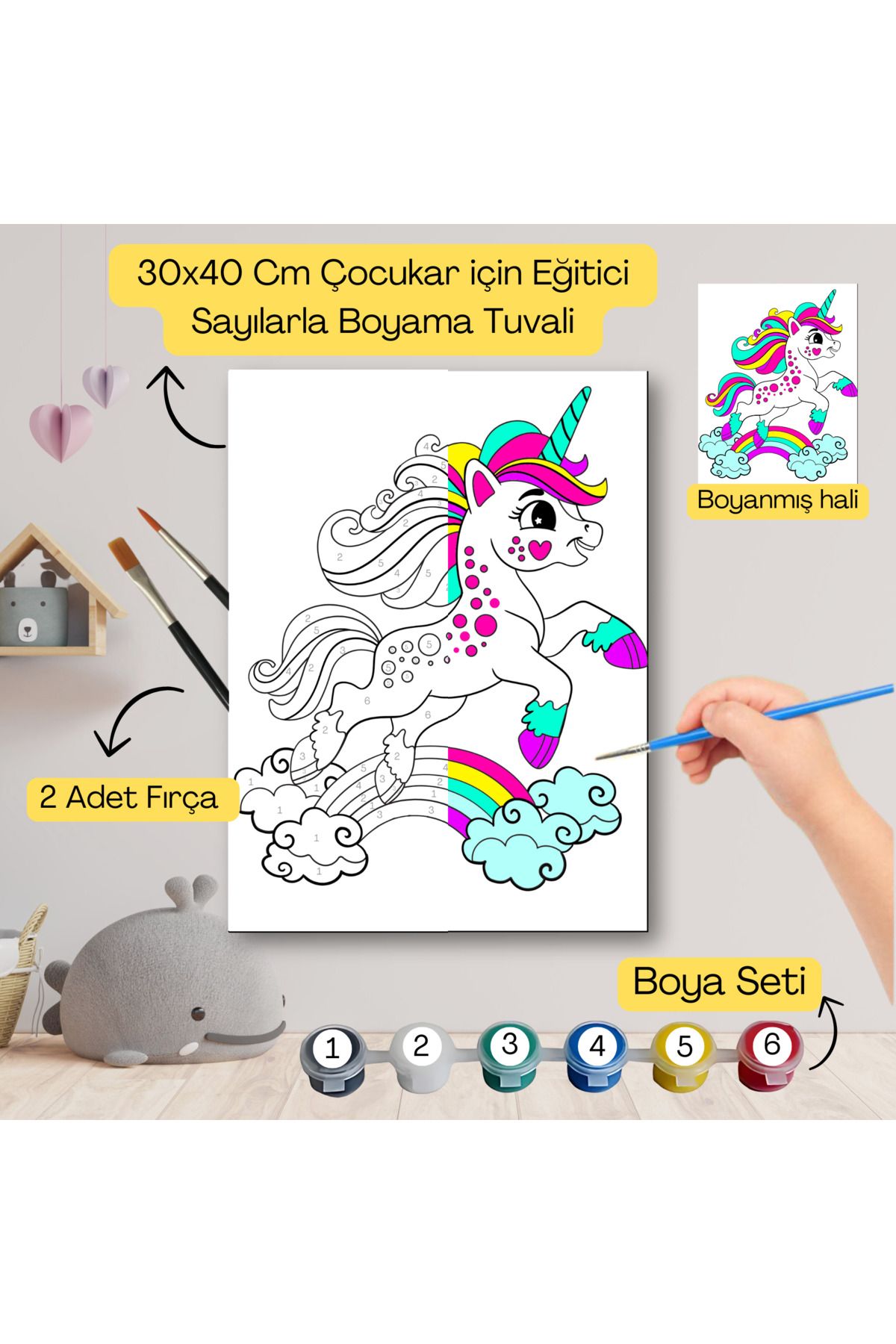 hediye hobim Çocuklar İçin Eğitici Sayılarla Boyama Seti Renkli At–30x40 Tuval,Boya&Fırça ,Sanat ve Zeka