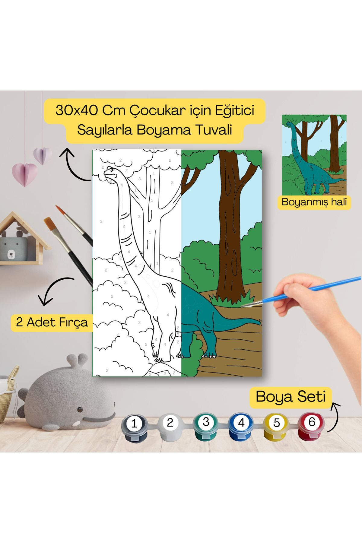 hediye hobim Çocuklar İçin Eğitici Sayılarla Boyama Seti Yeşil Dinazor–30x40 Tuval,Boya&Fırça ,Sanat ve Zeka