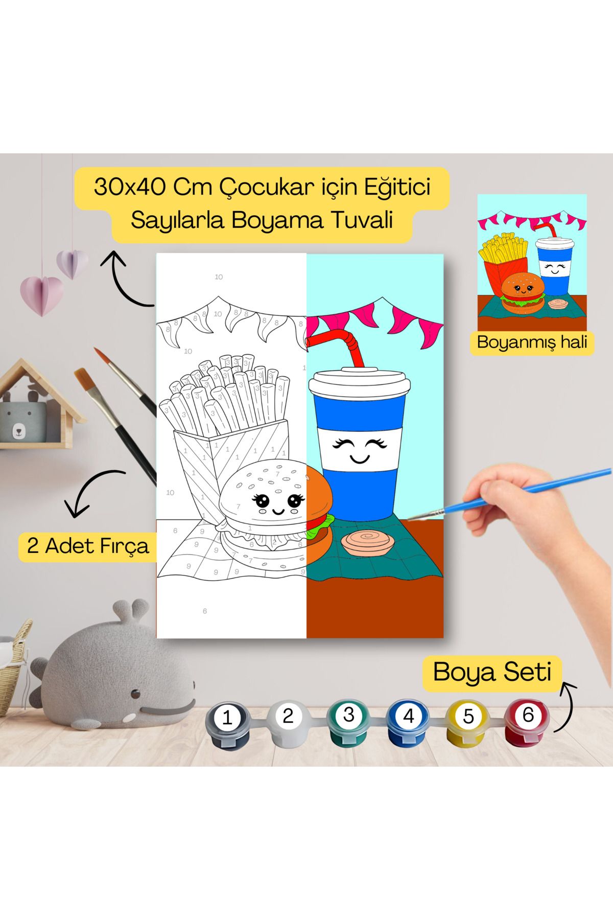 hediye hobim Çocuklar İçin Eğitici Sayılarla Boyama Seti Fast Food–30x40 Tuval,Boya&Fırça ,Sanat ve Zeka