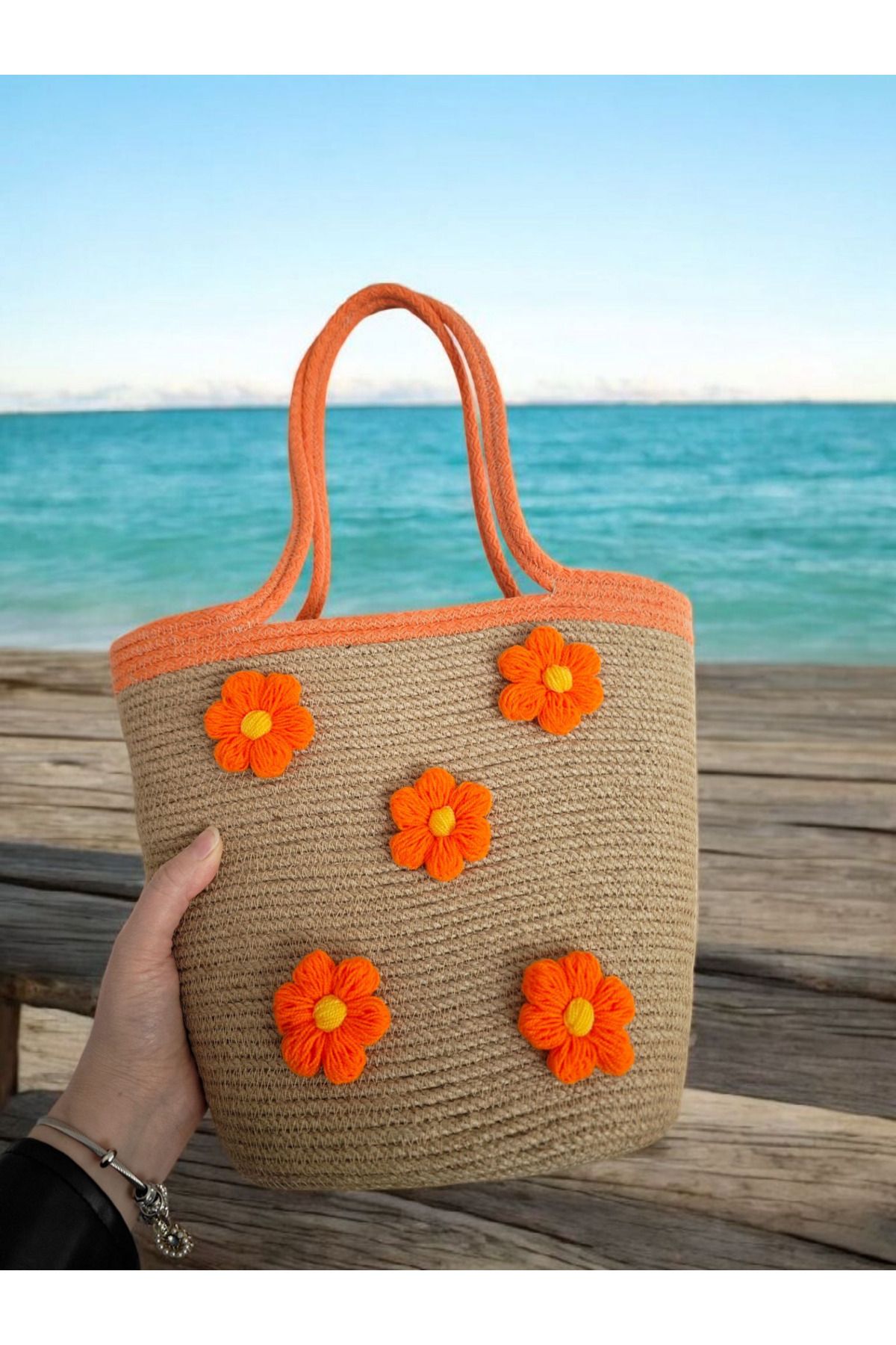 Collessia Home-Handmade Special Design Daisy Flower Motif Jute Straw Bag Rope Bag 3