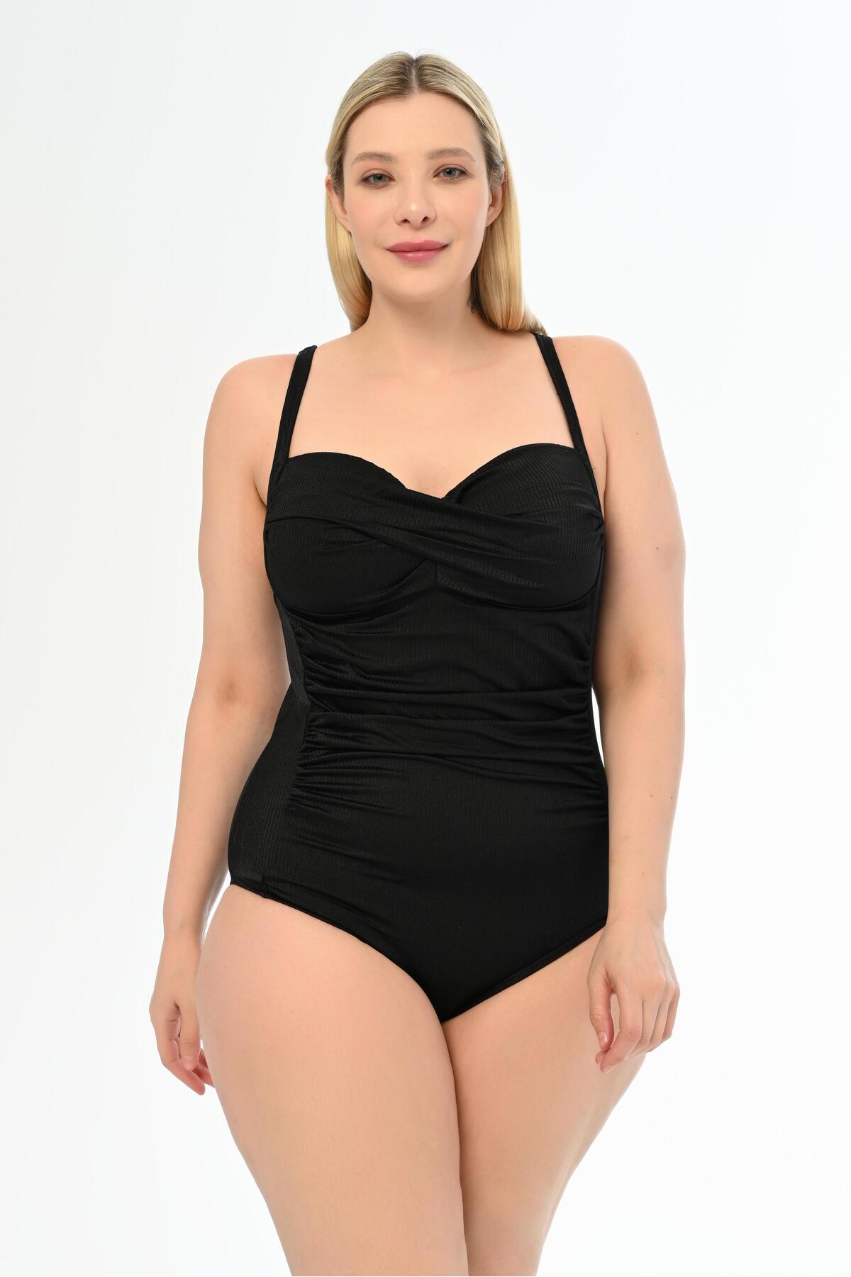 Aquaviva Women's Ribbed Black Plus Size Daria Wrap Drape Detailed Swimwear