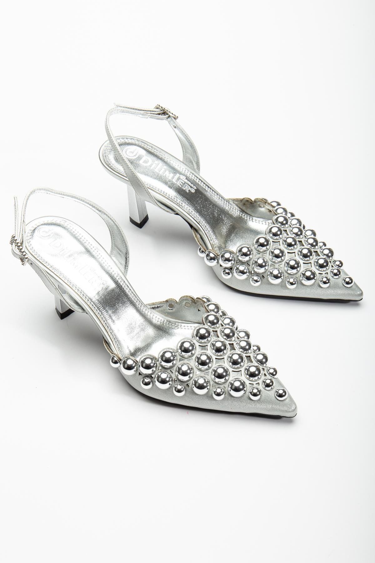 Dilimler Ayakkabı-Women's Heeled Evening Dress Shoes with Silver Troc 1