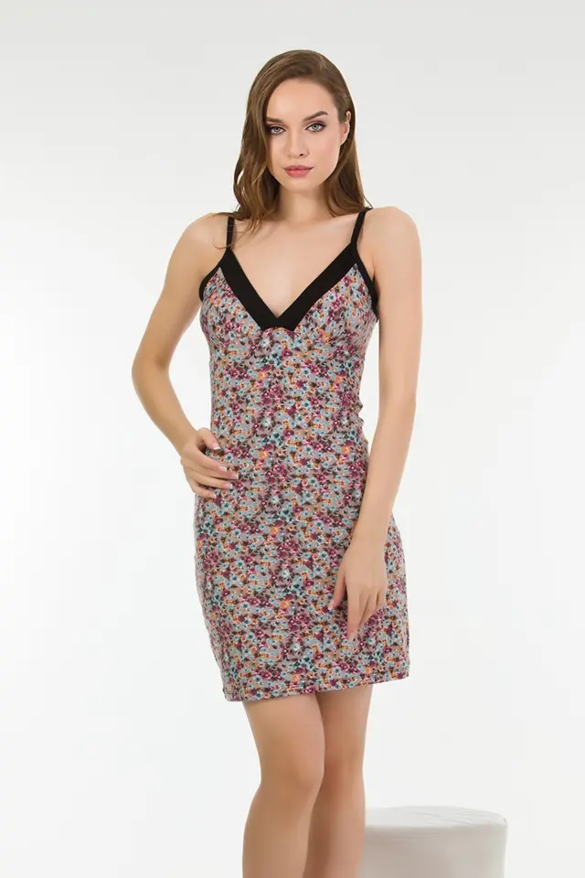 Genel Markalar Kadın Askılı Yaka Çok Renkli Penye Gecelik