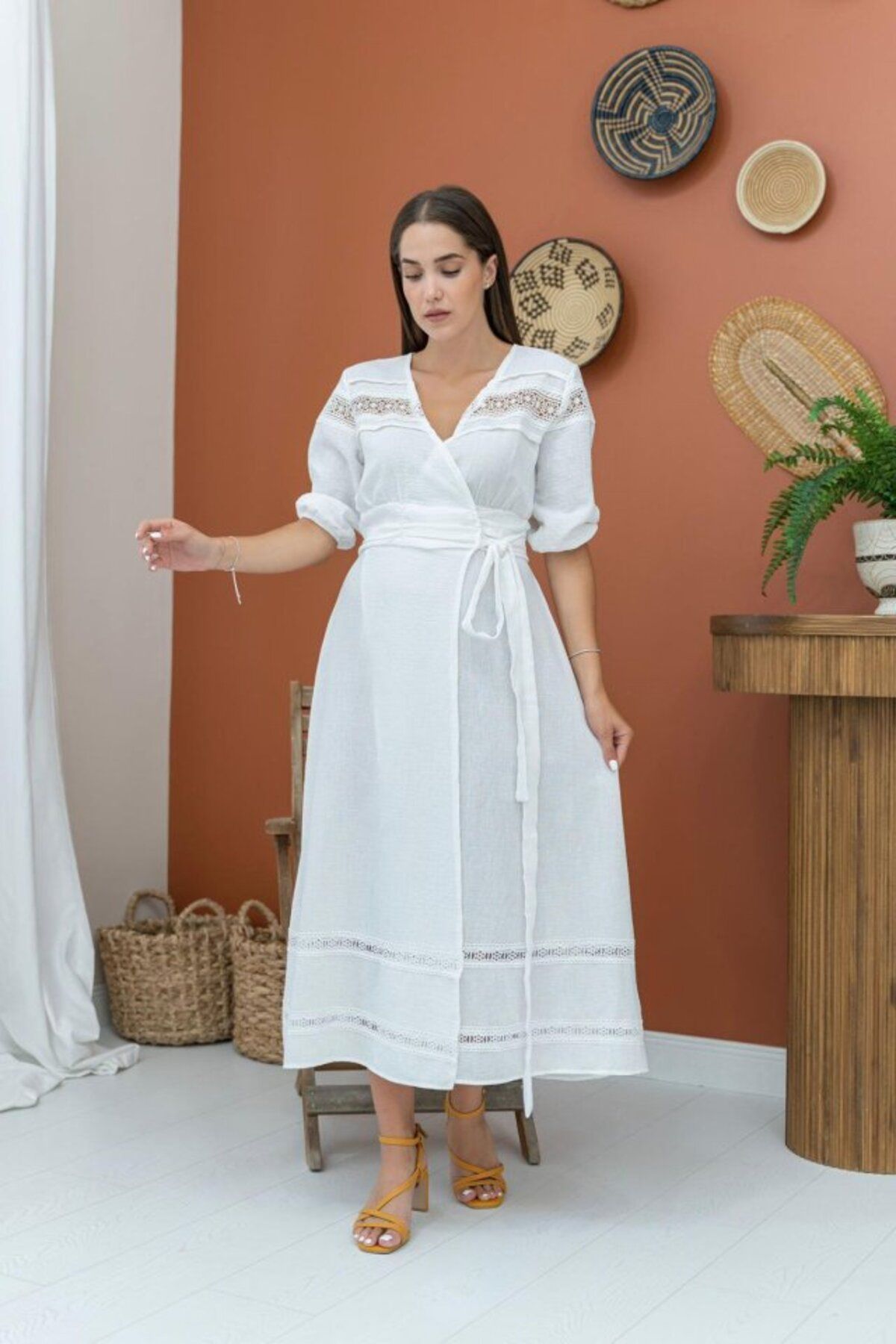 ASFSTORE Ekru Dantel Detay Keten Elbise