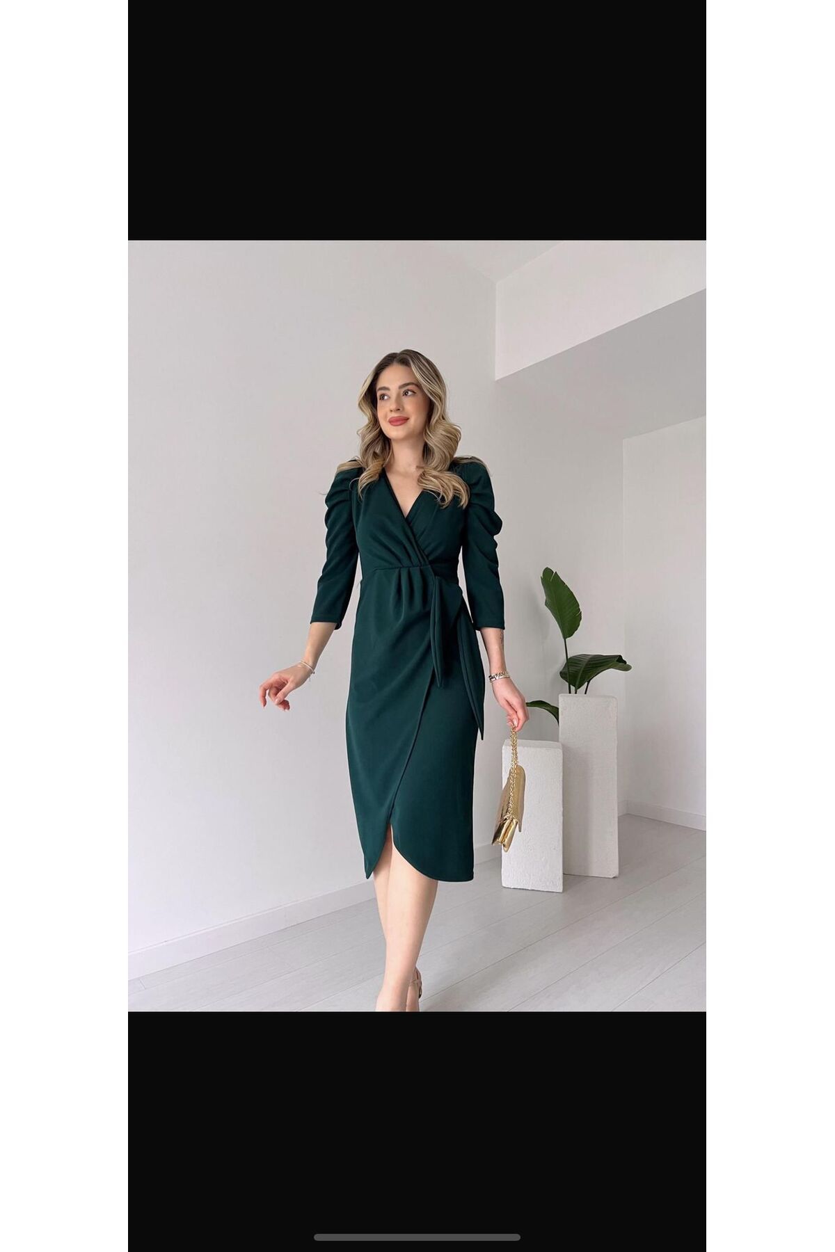 hiraz fashion-Women Green Color Tie Front Double Breasted Neckline Dress 3