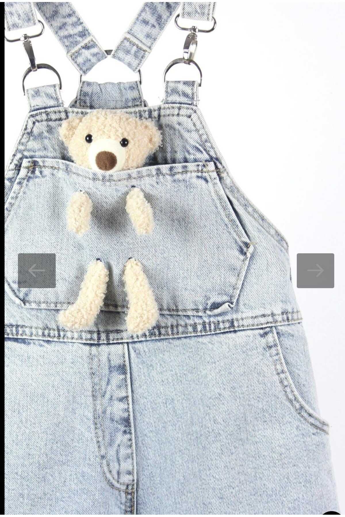 OliveYouMom-Salopetă din denim cu detaliu ursuleț pentru fetiță 6