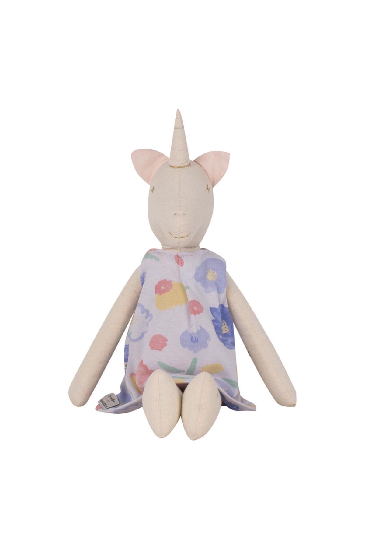 Antebies Lila Suluboya Çiçek Desen Elbiseli Bez Bebek Unicorn Kız Çocuk Oyuncak fotoğrafı 2 (önizleme)