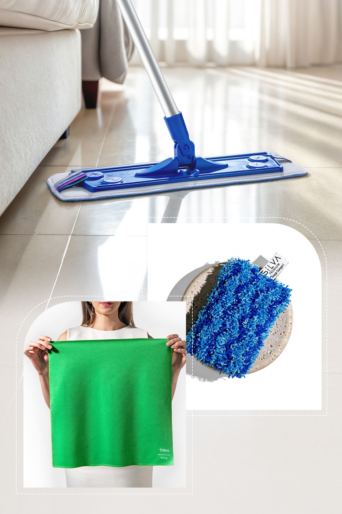 Temizlik Seti (Mop Islak Tekli Set + Mikrofiber Cam Bezi Yeşil + Premium Bulaşık Süngeri)