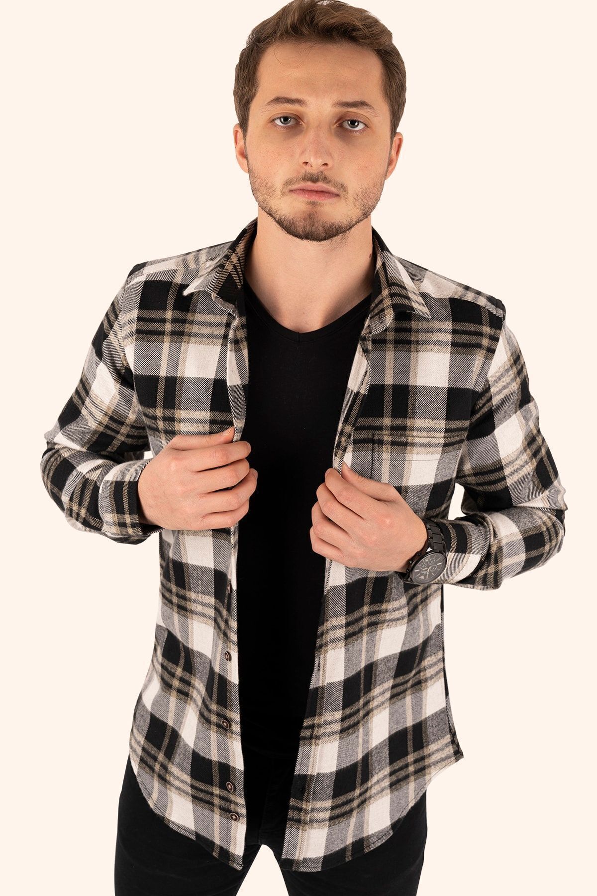 Etikmen-Braun-weißes Slimfit-Holzfäller-Herrenhemd 3