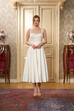 Lenta Wedding Beyaz Kalp Yaka Dantel Kaplama Midi Boy Saten Nişan Ve Gece Elb...