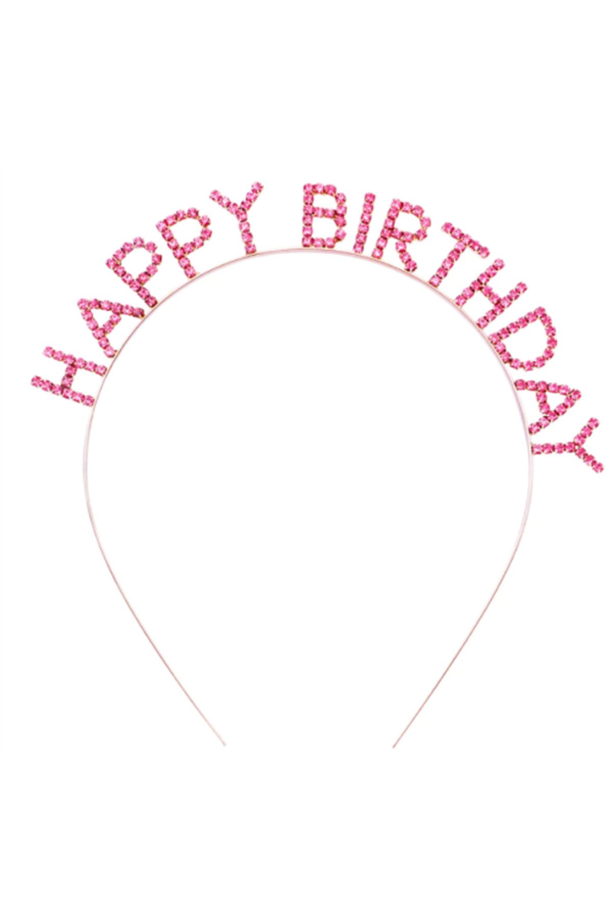 feifei Pembe Kristal Taşlı Gold Happy Birthday Taçı