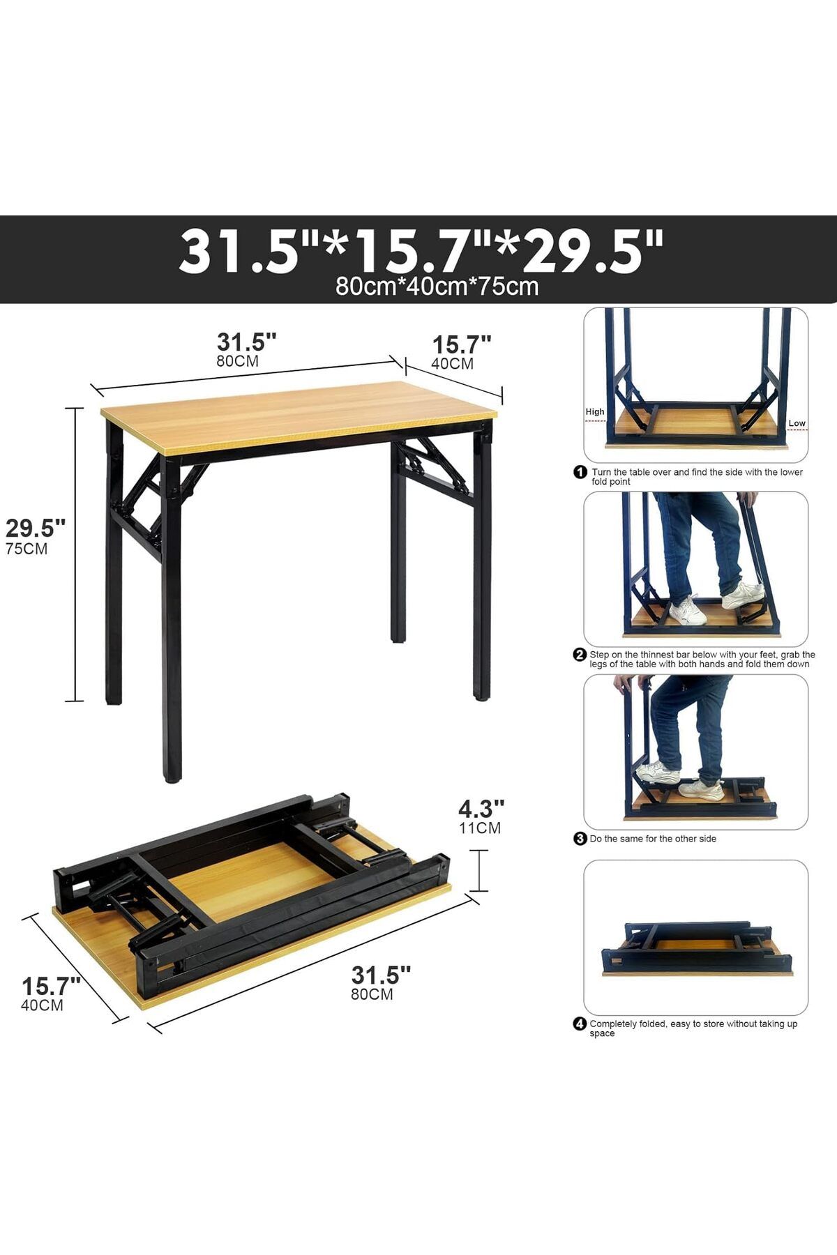 erorex-طاولة قابلة للطي 80×40×75 سم، مكتب محمول متعدد الوظائف مع ارتفاع قابل للتعديل للتخييم والكمبيوتر 3