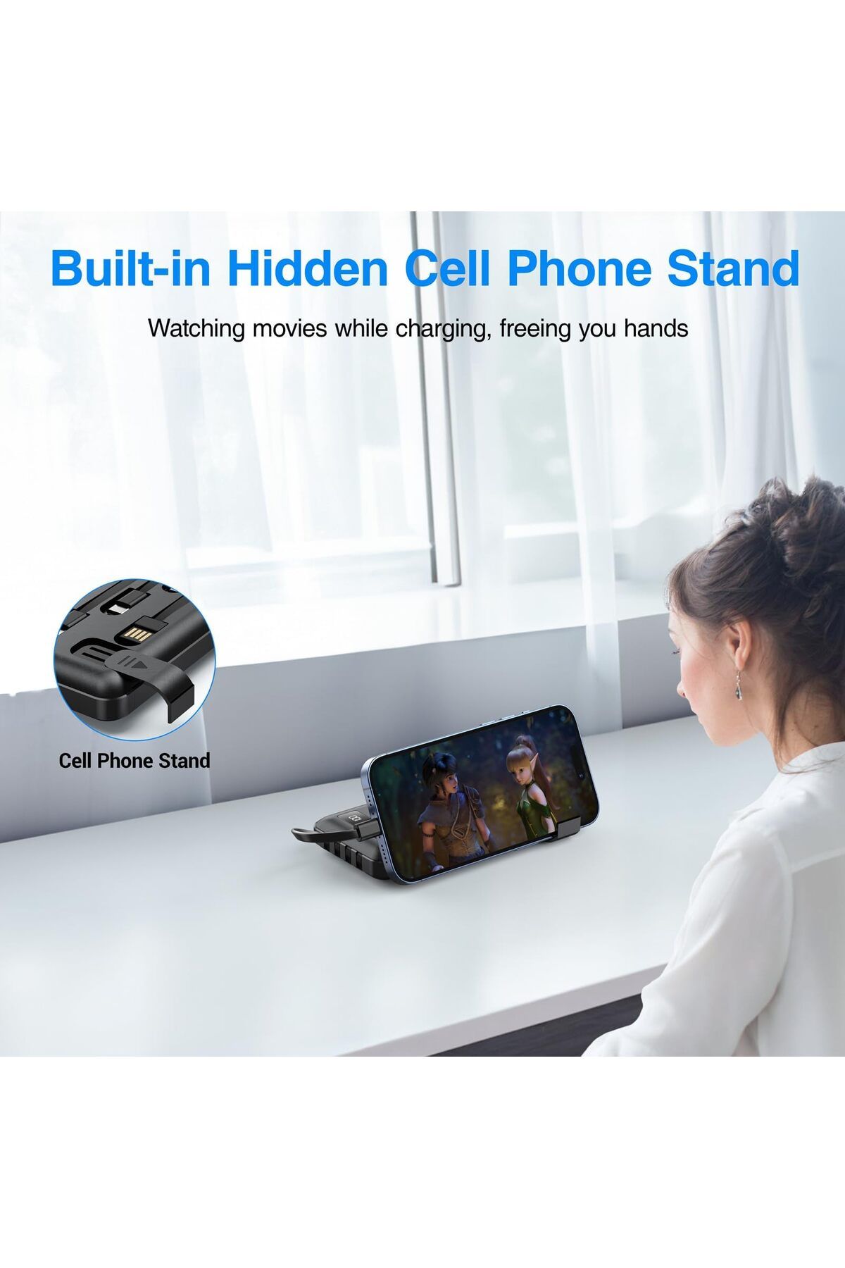 erorex-Power Bank 10000Mah With Built In Cable Portable Charger 4 Outputs 2 Inputs Built In Phone Stand 3