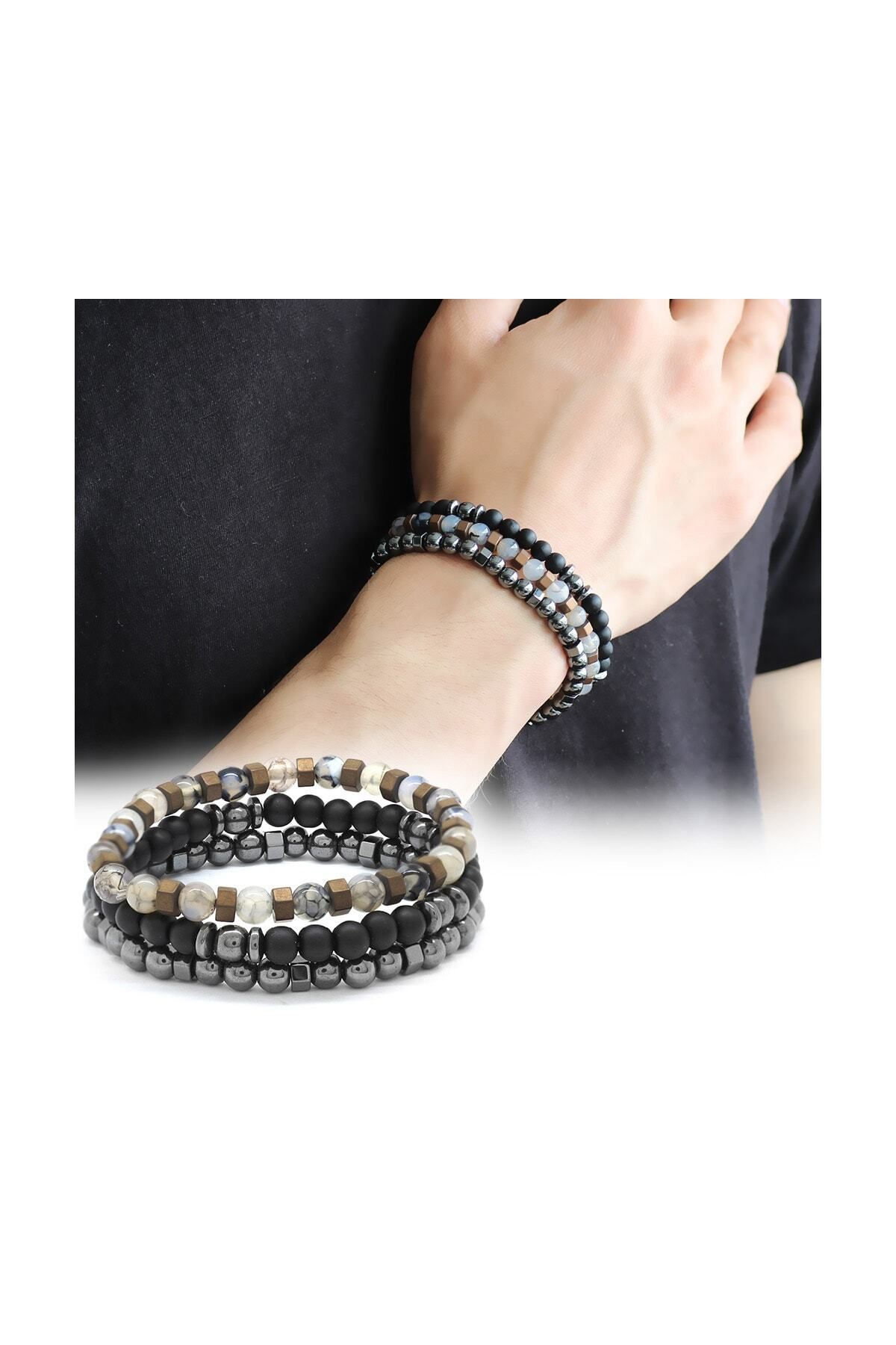 Tesbihane-Black Hematite and Onyx Bracelet Sphere Cut Natural Stone Bracelet - 104000540 1