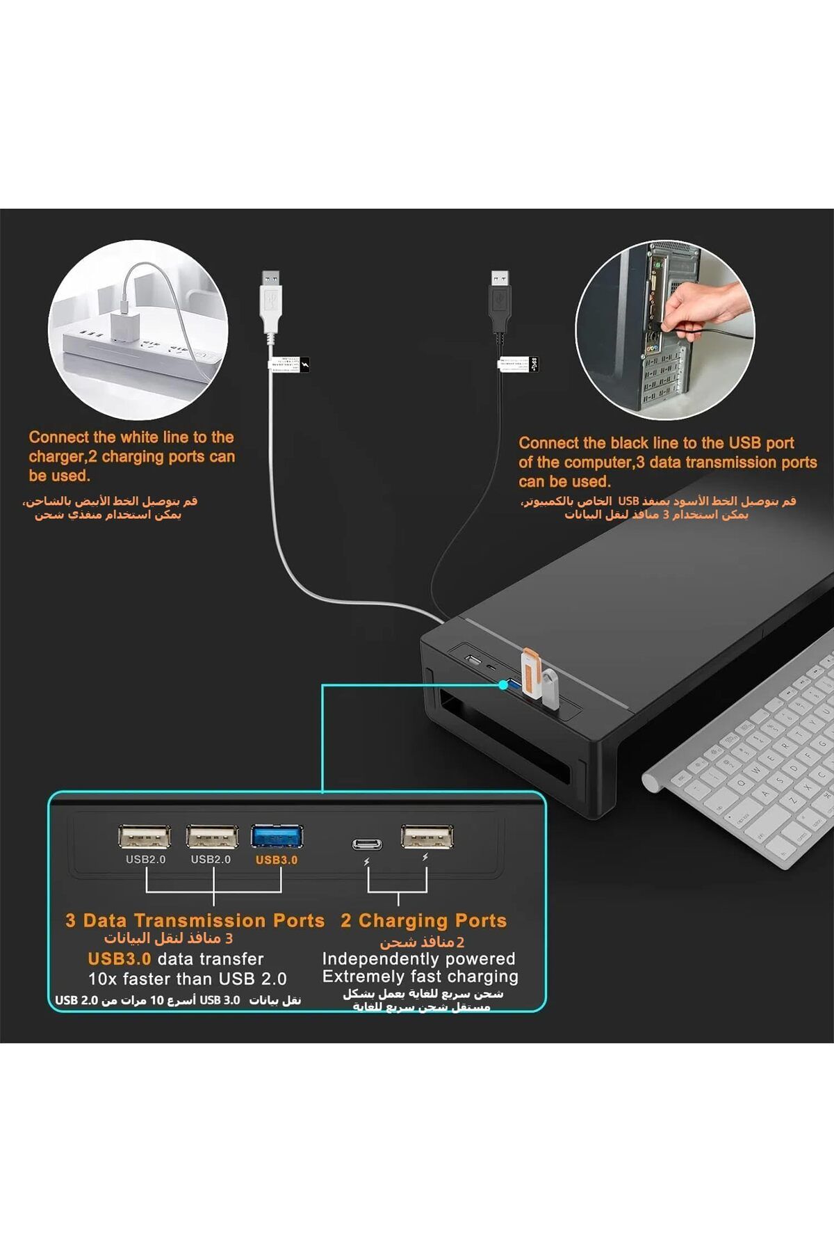 erorex-حامل شاشة سطح المكتب مع درج وحامل كمبيوتر محمول وحامل كمبيوتر للمكتب مع بيانات USB 3.0 2