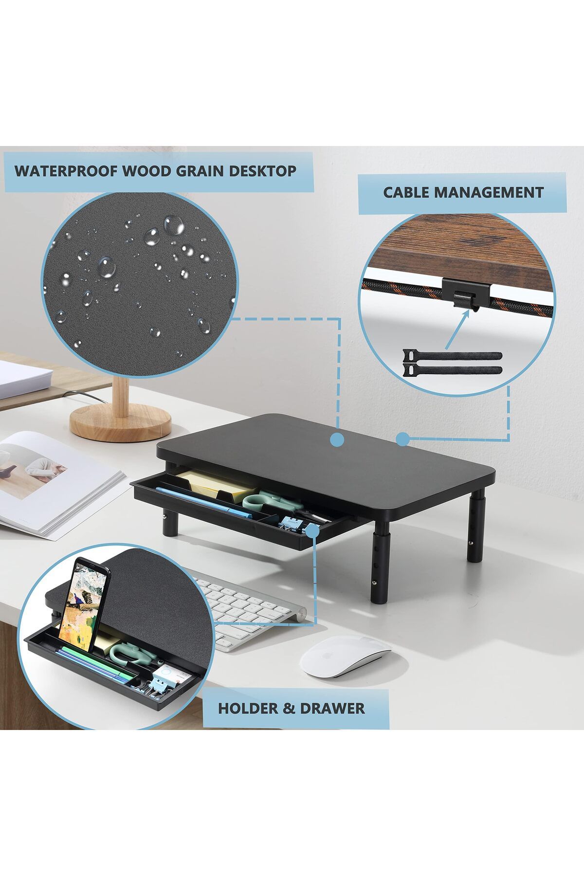 erorex-Monitor Stand Riser 3 Height Adjustable Monitor Stand With Storage Drawer For Desk Wood Desk 5