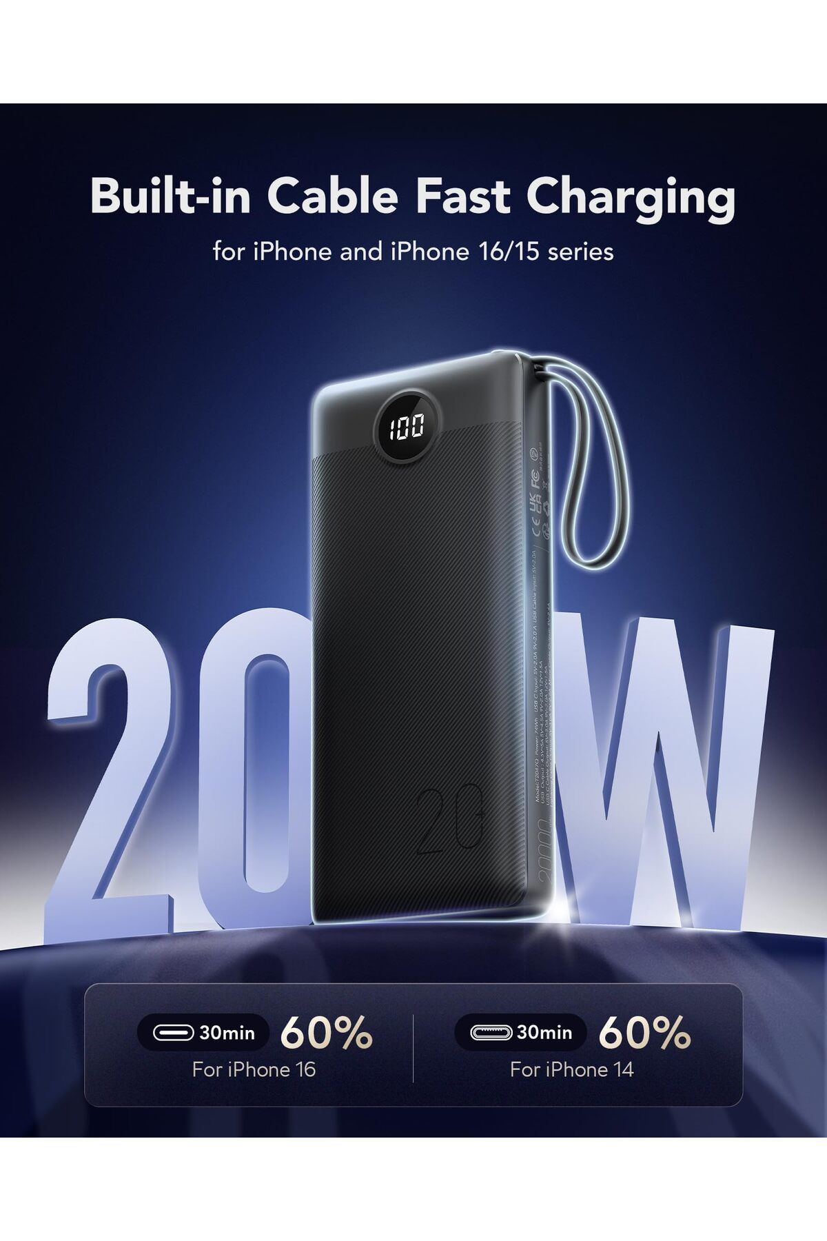 erorex-Power Bank With Built In Cables 20000Mah Usb C 22.5W Fast Charging Portable Charger 4 Output 2 3