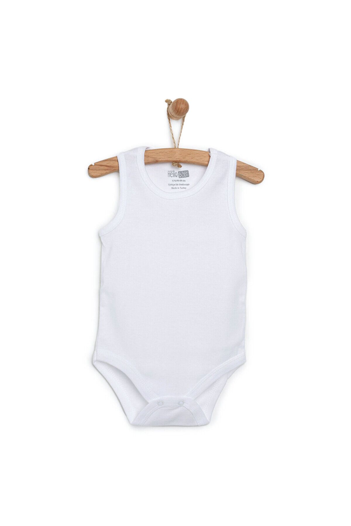 ebebek Hello Baby HelloBaby Unisex Beyaz Body Ribana Kumaş Çıtçıtlı Zıbın Bisiklet Yaka Atlet Kol Beyaz