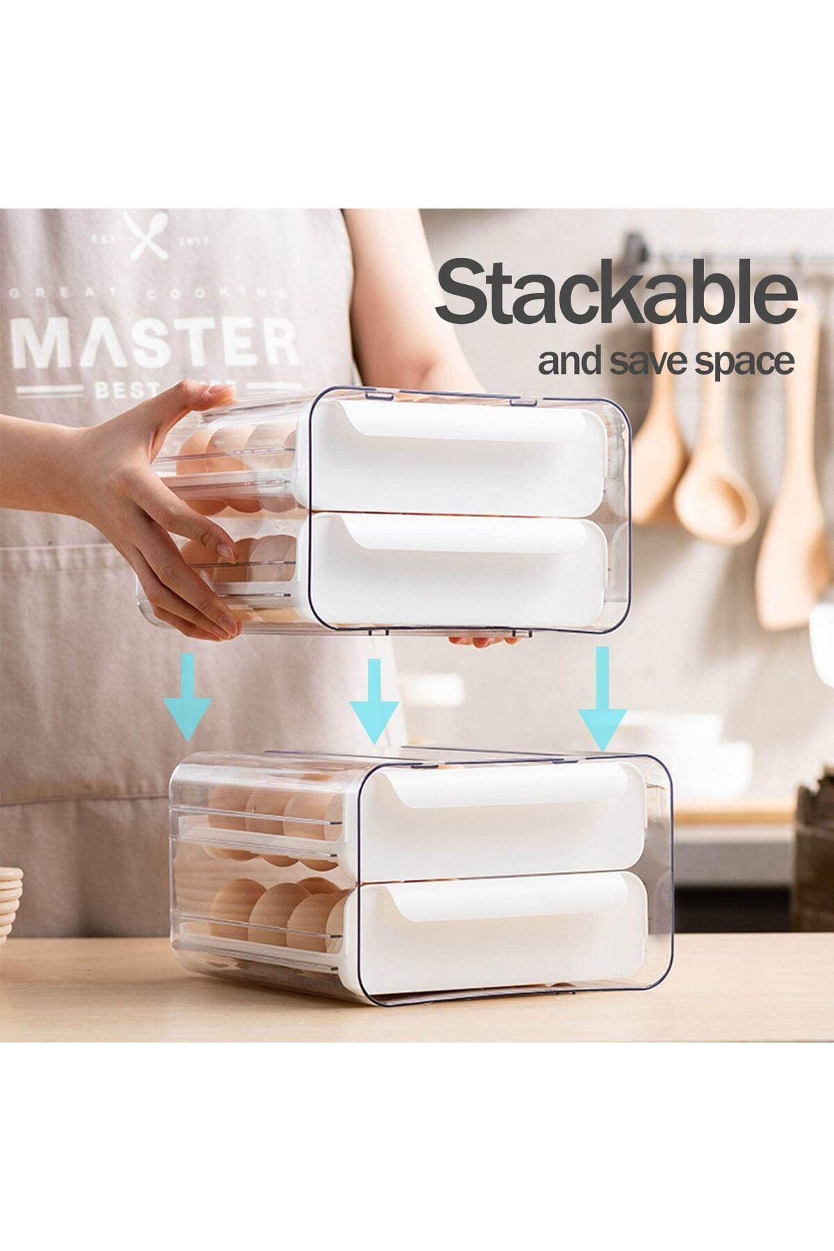 COOYA-Refrigerator Large Capacity Egg Holder,Fresh Egg Storage Container,Stackable Organizer with Handle 2