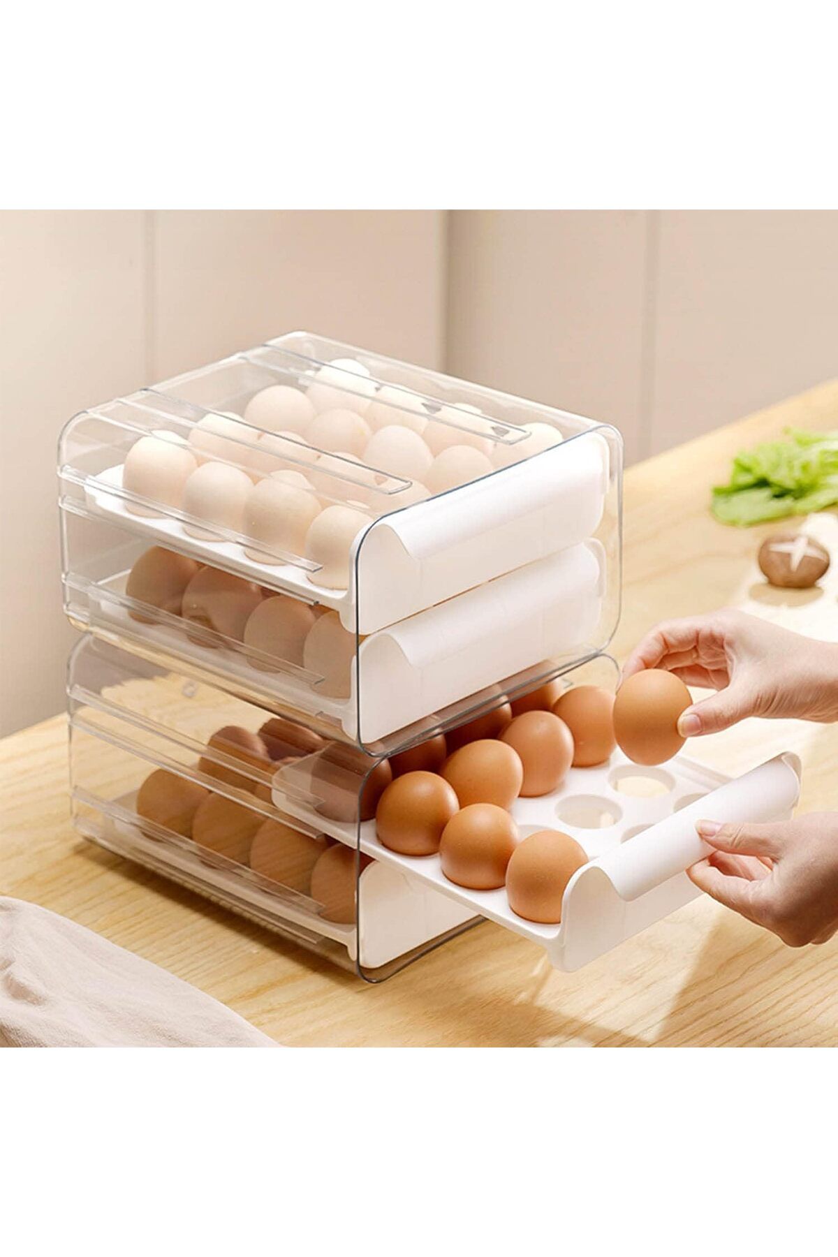 COOYA-Refrigerator Large Capacity Egg Holder,Fresh Egg Storage Container,Stackable Organizer with Handle 6