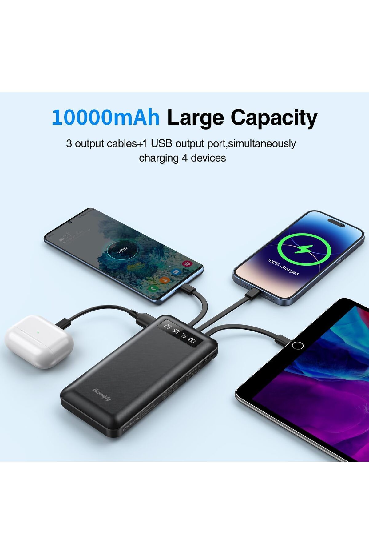erorex-Power Bank 10000Mah With Built In Cable Portable Charger 4 Outputs 2 Inputs Built In Phone Stand 5