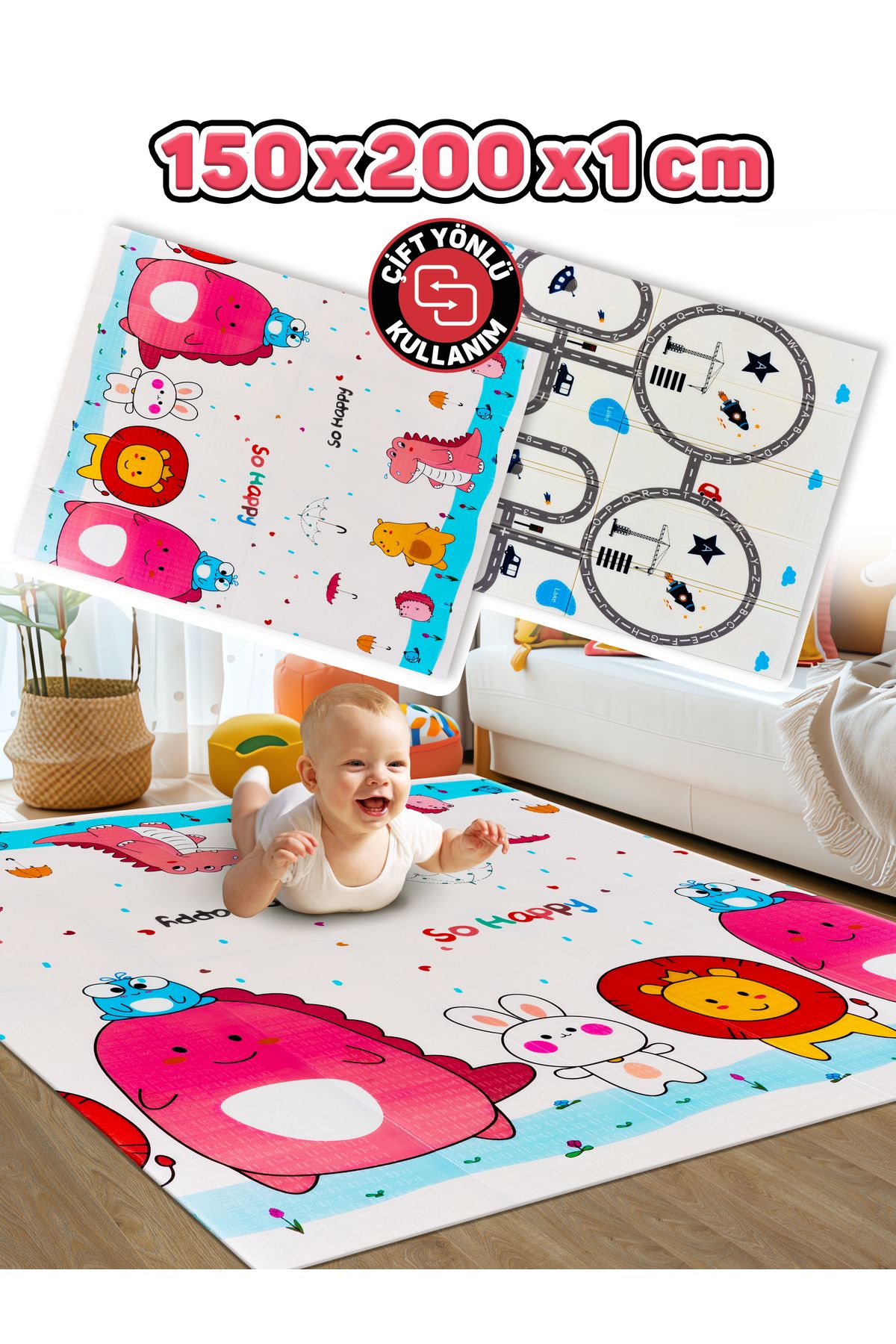 Circle Toys So Happy + Yollar , Katlanabilir Çocuk Oyun Halısı - 150X200X1 cm - Taşıma Çantası Yanında