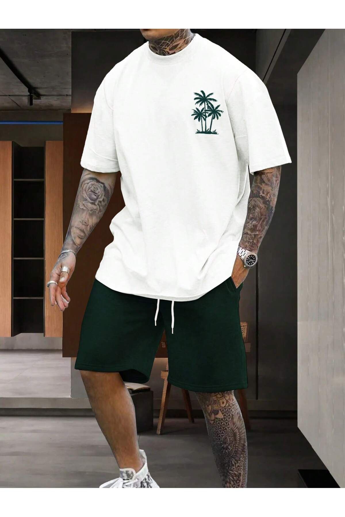 PENTHİLUS-Manfinity Men Plus Tropical Print Drop Shoulder Tee & Drawstring Waist Shorts 1