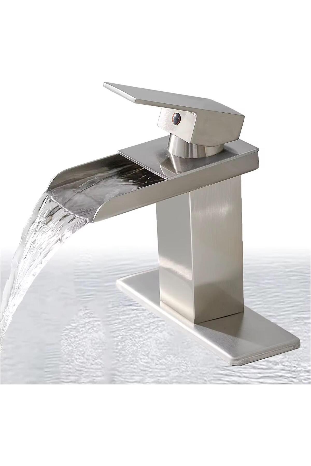 RENA DESIGN LAVABO BATARYASI INOX ŞELALE KARE GÖVDE EĞİMLİ HAVZA BANYO ARMATÜR ÇİFT GİRİŞ LÜKS ERGONAMİK MAT GRİ