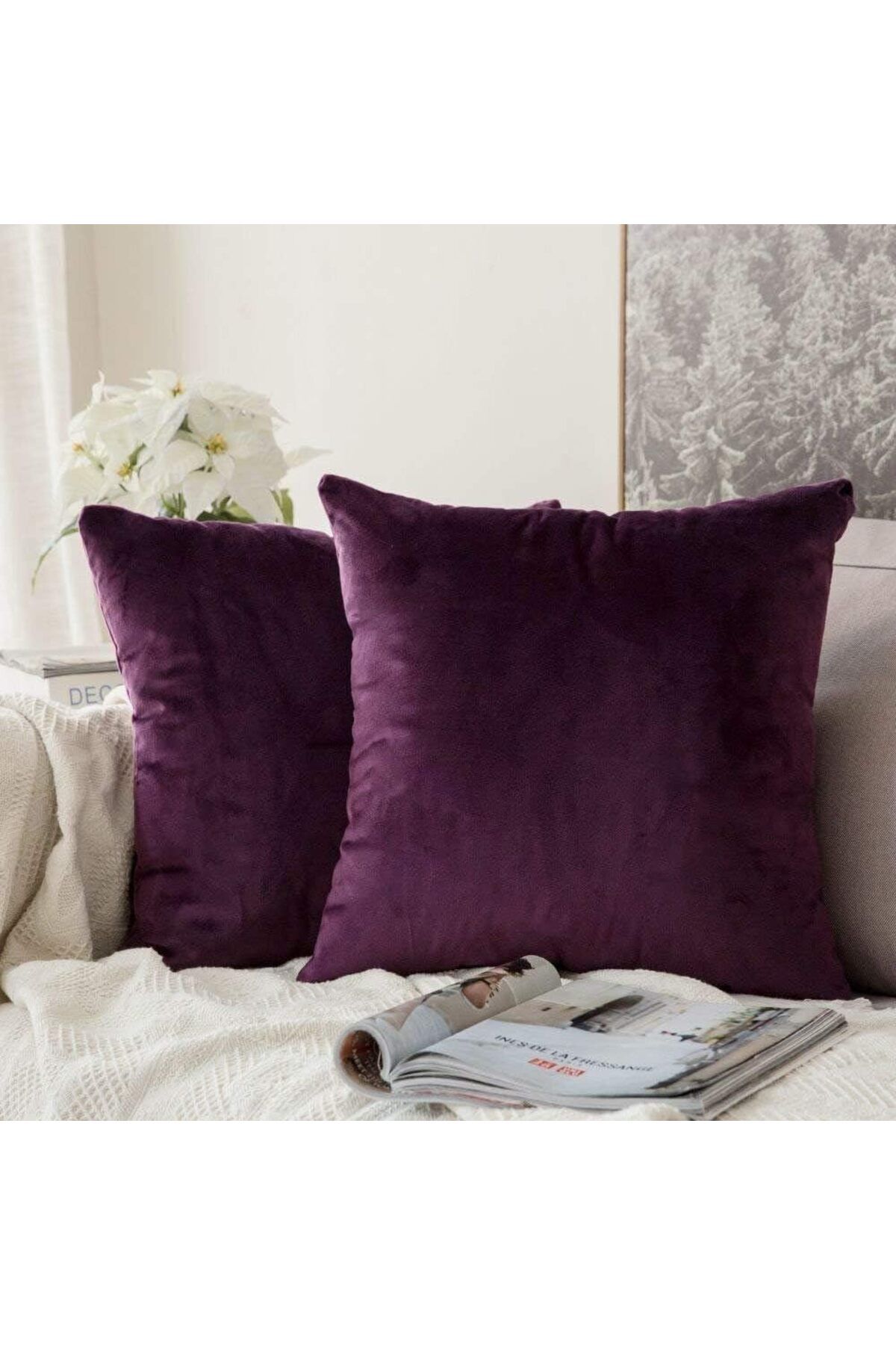 erorex-Decorative Solid Filled Cushion Wine Velvet 45X45Cm 2