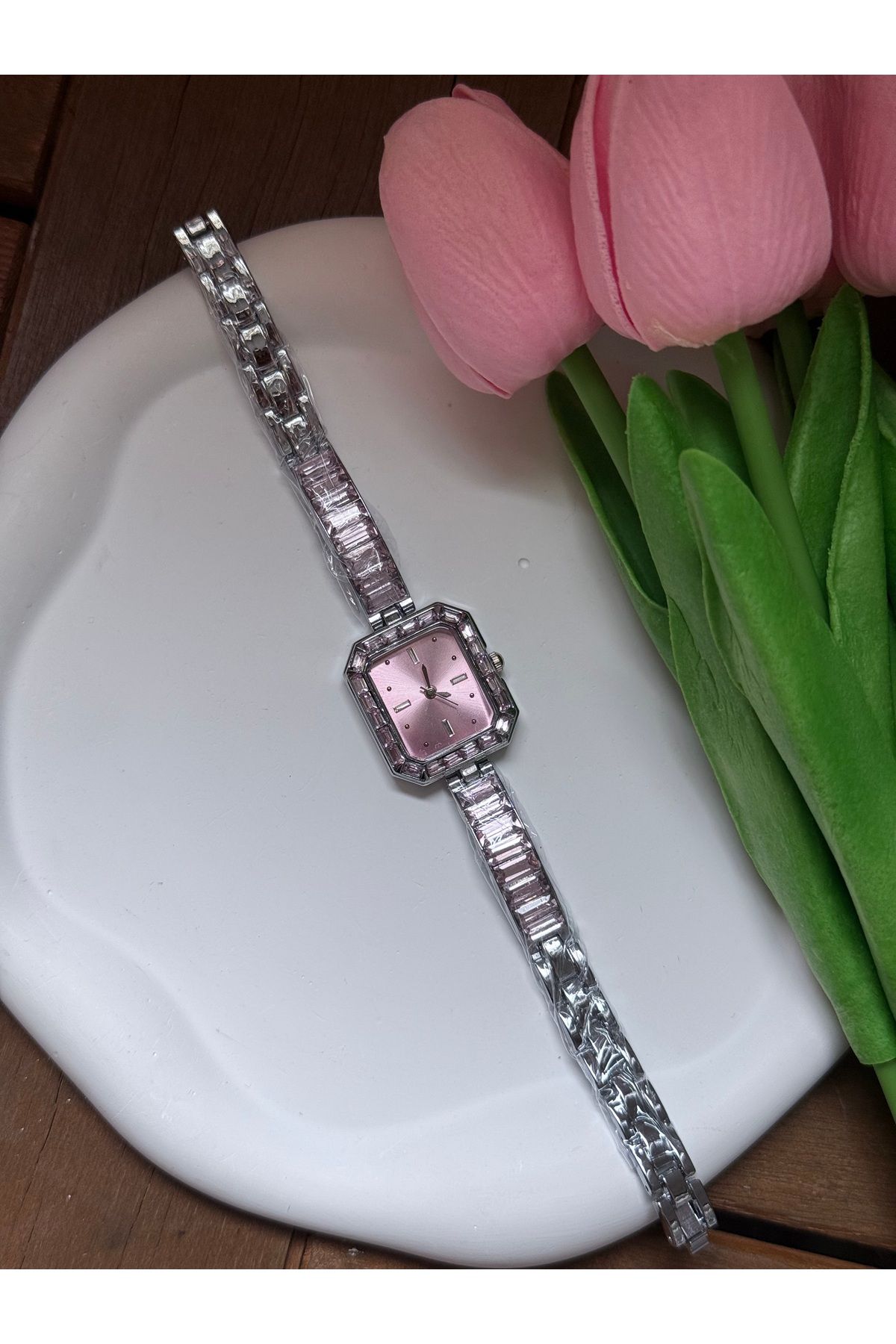 ACCESSORYHUB Pembe kristal taşlı silver kol saati