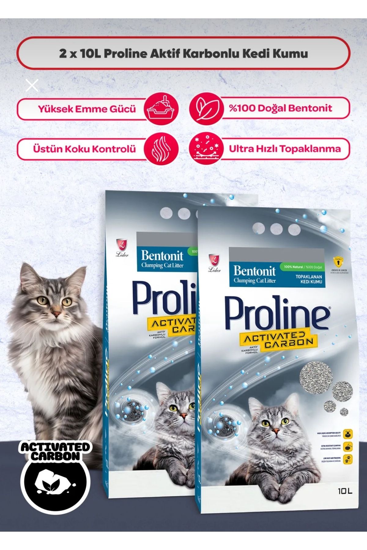 PROLINE aktif karbonlu kedi kumu 10lt*2