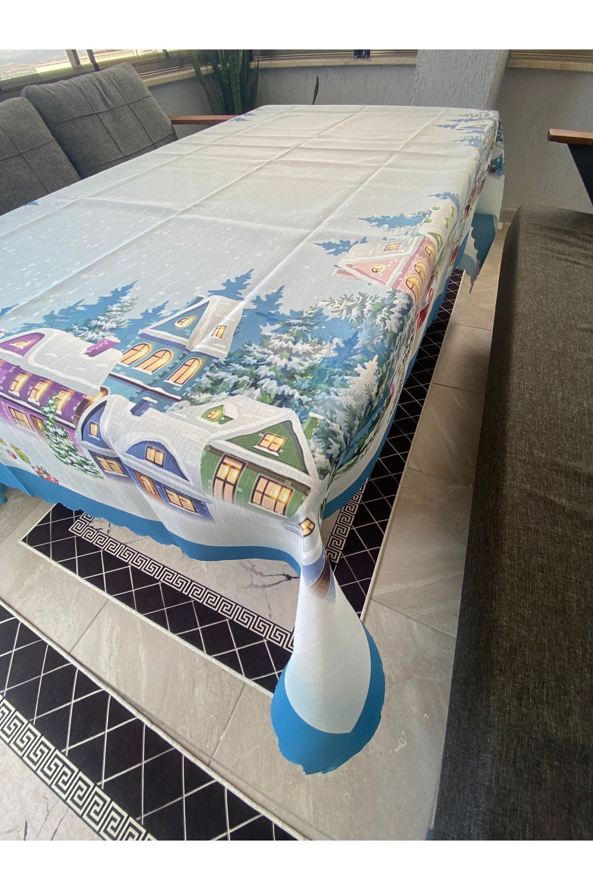 Pusula Home-New Year's Edge Blue Stripe Tablecloth 3