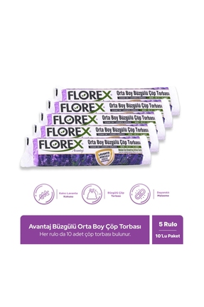 Florex Avantaj Seri Lavanta Kokulu Büzgülü Orta Boy Çöp Poşeti X 5 Rulo