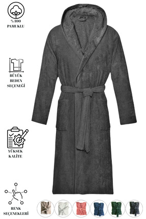 Mokita Home Pamuklu Kadife Antrasit-gri Ünisex Erkek Ve Kadın Bornozu Soft Ul...