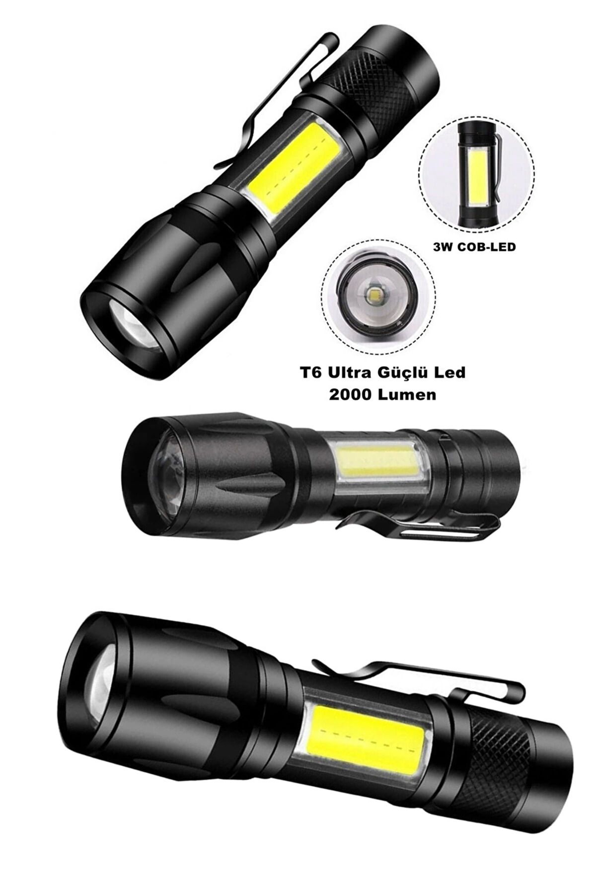 Eldenör Ultra Çift Yönlü Güçlü Pilli Led El Feneri 2000 Lümen + 6w Cob Led Su Geçirmez Zoomlu 3 Modlu