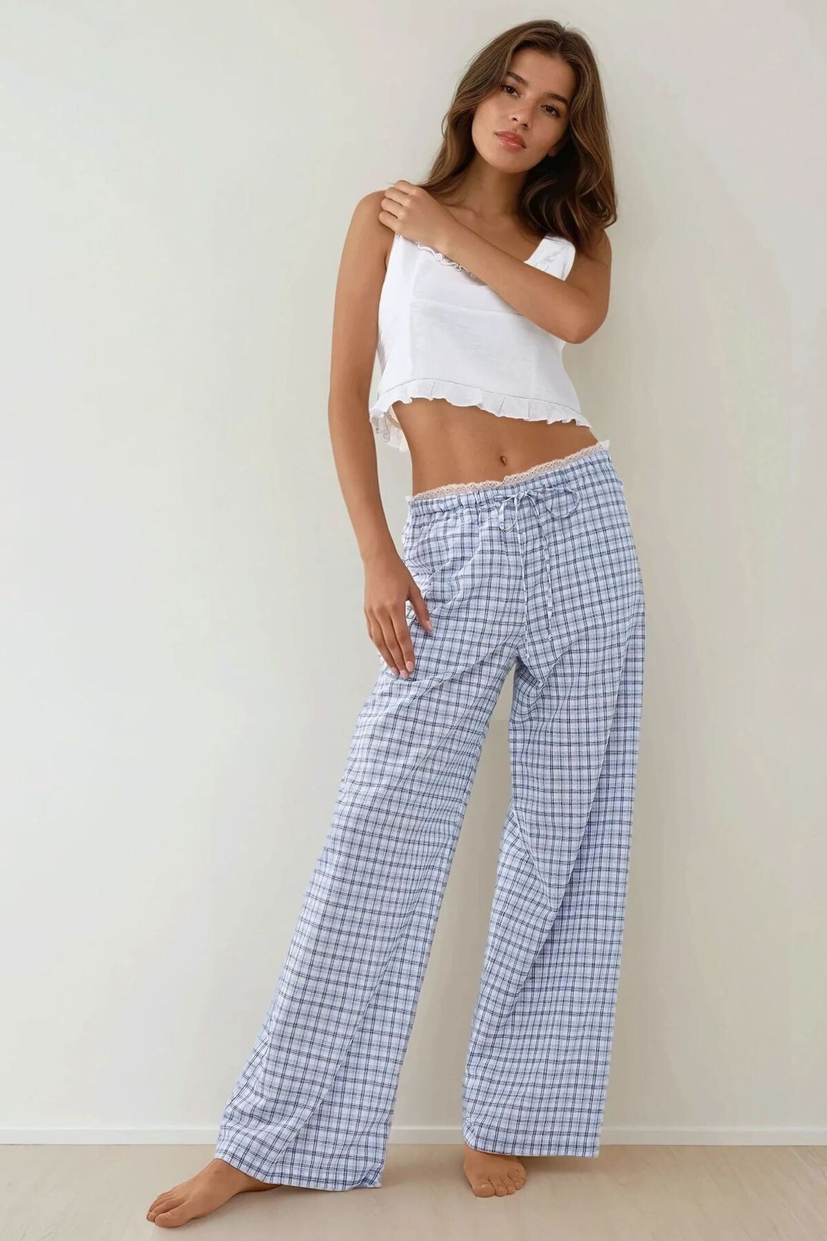 Hiccup-Plaid Patterned Pajama Bottoms with Heart Embroidery Detail on the Back 1